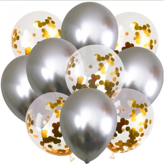 Baloni metalik srebrni MIX Baloni metalik srebrni i latex bijeli sa konfetima