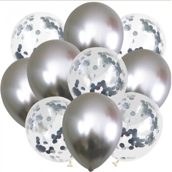 Baloni metalik srebrni MIX Baloni metalik srebrni i latex bijeli sa konfetima